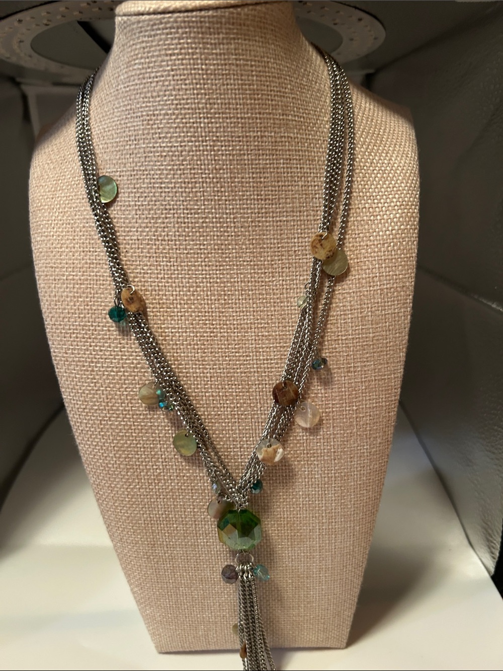 Loft multi strand Y necklace green silver tassel drop charm shells boho chic